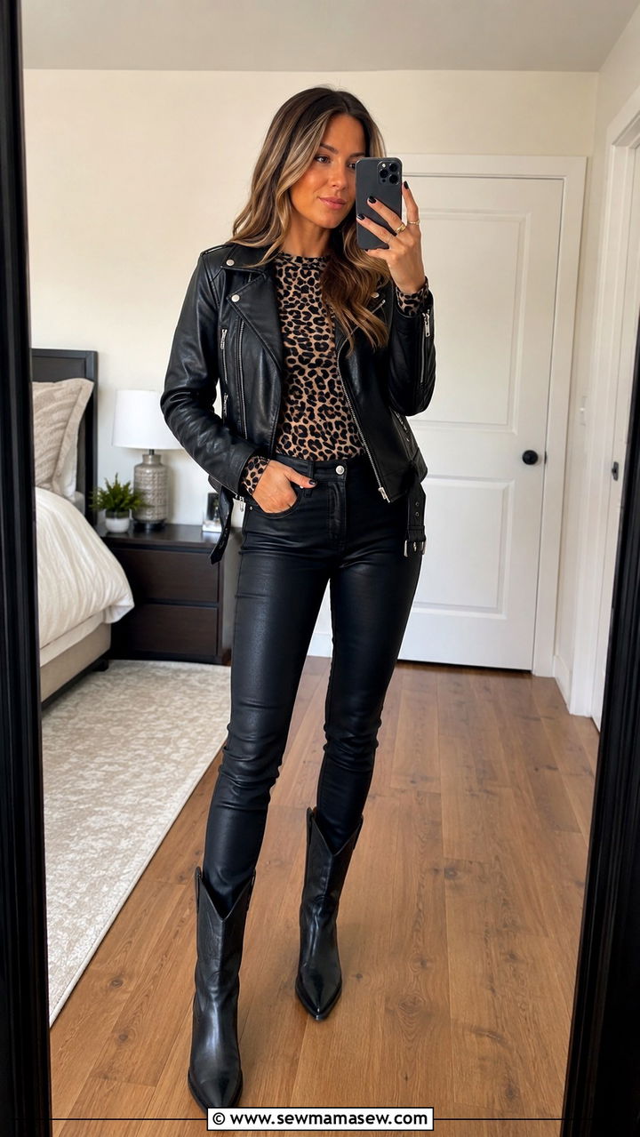 Animal Print Top And Leather Biker Jacket Outfit - 25 Punk outfit ideas