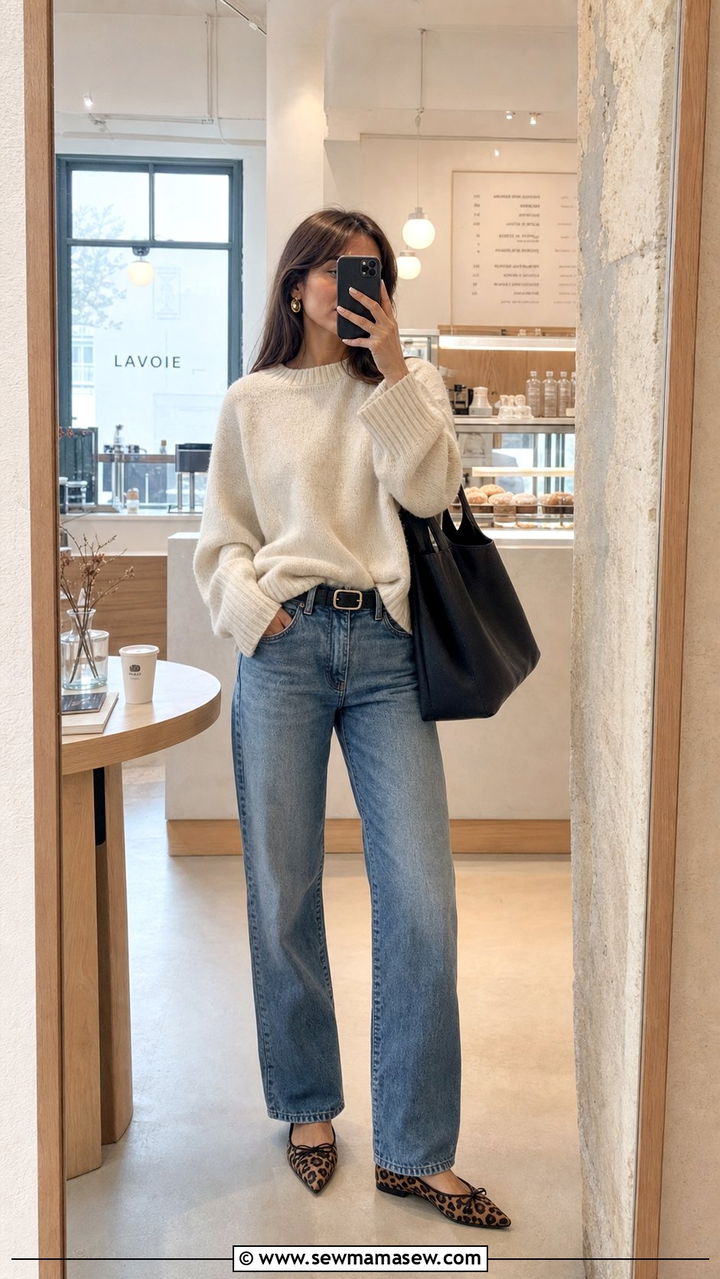 Animal print flats and relaxed denim outfit - 25 Stockholm outfit ideas