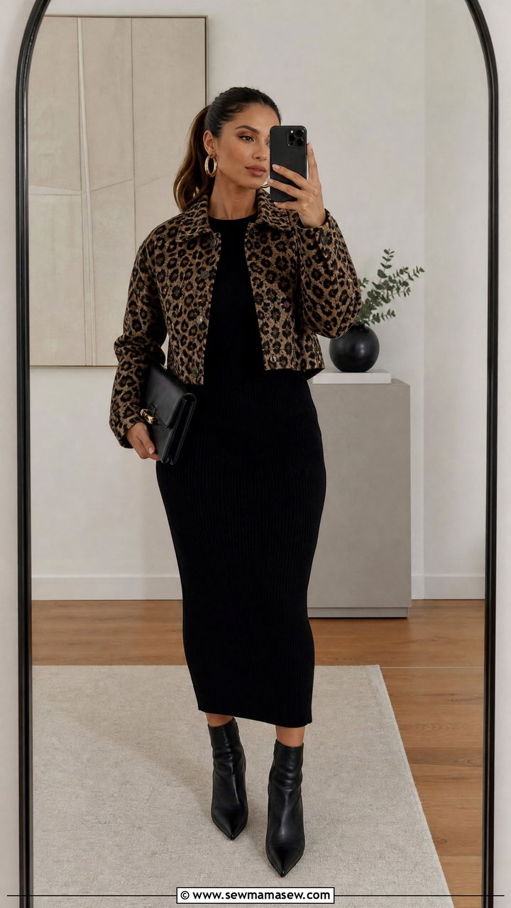 Animal print jacket with black dress outfit - 30 jacket outfits 2026