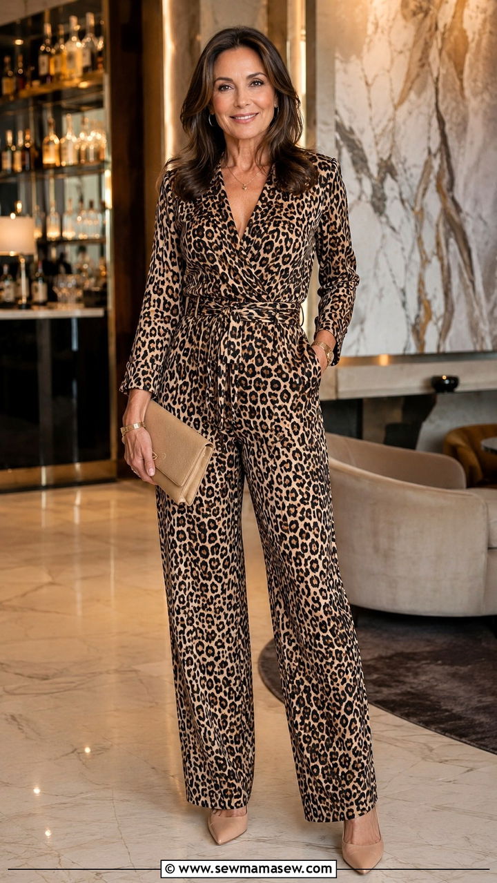 Animal print jumpsuit with neutral accessories - 30 Jumpsuit outfit ideas for women over 50