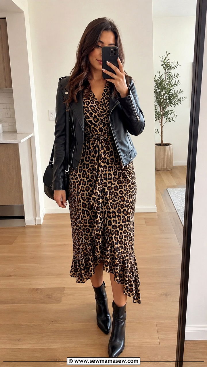 Animal print midi dress with ankle boots - 25 Midi dress with ankle boots outfit ideas