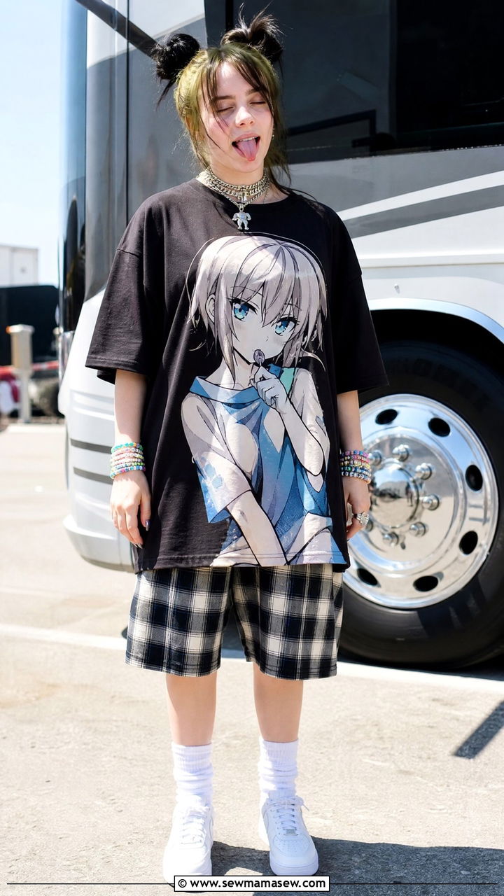 Anime Graphic Tee With Plaid Shorts And White Sneakers - 35 Billie Eilish concert outfit ideas