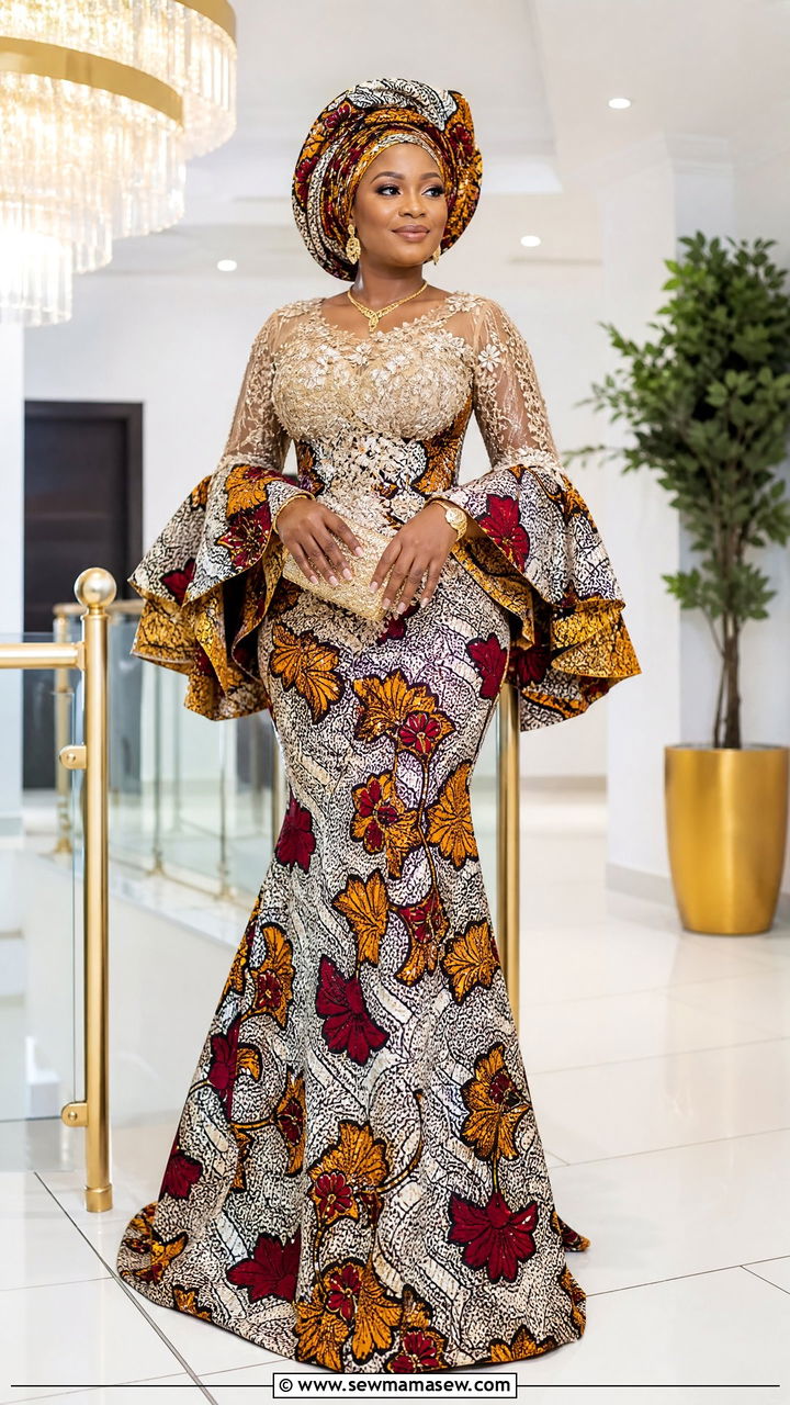 Ankara And Lace Fusion Gown With Fluted Sleeves - 25 Wedding guest outfit ideas Nigerian wedding