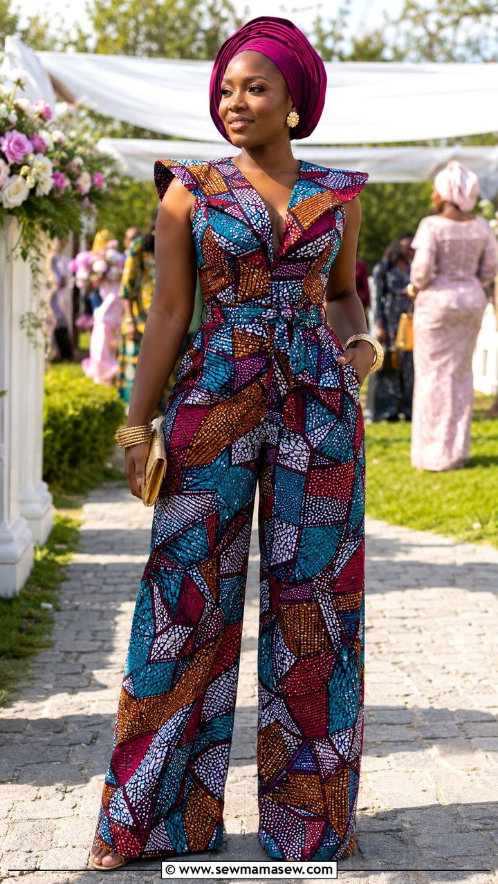 Ankara Jumpsuit With Turban Gele - 25 Wedding guest outfit ideas Nigerian wedding