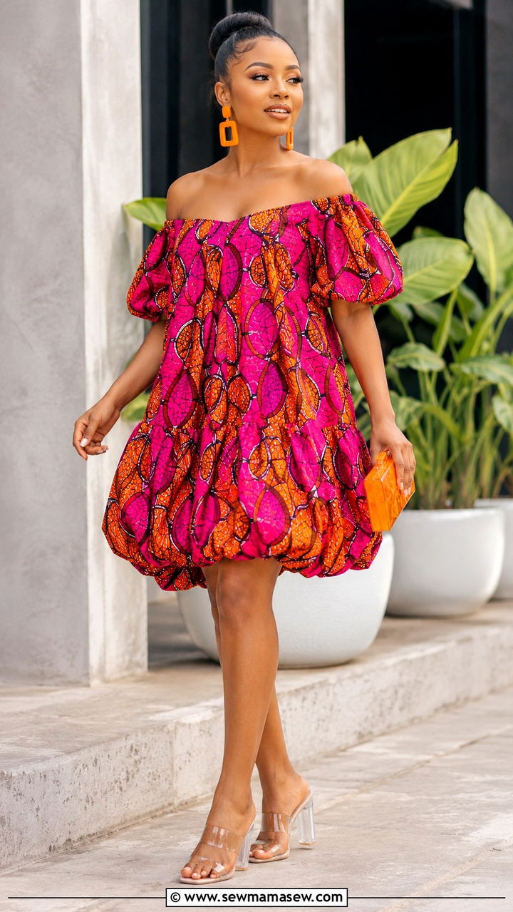 Ankara Off Shoulder Bubble Hem Dress - 20 Wedding guest outfit ideas African wedding