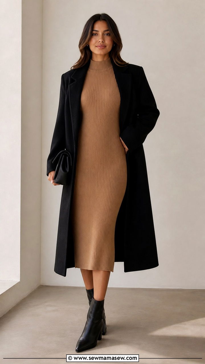 Ankle Boots with Knit Midi Dress Office Outfit - 40 Classy work outfit ideas