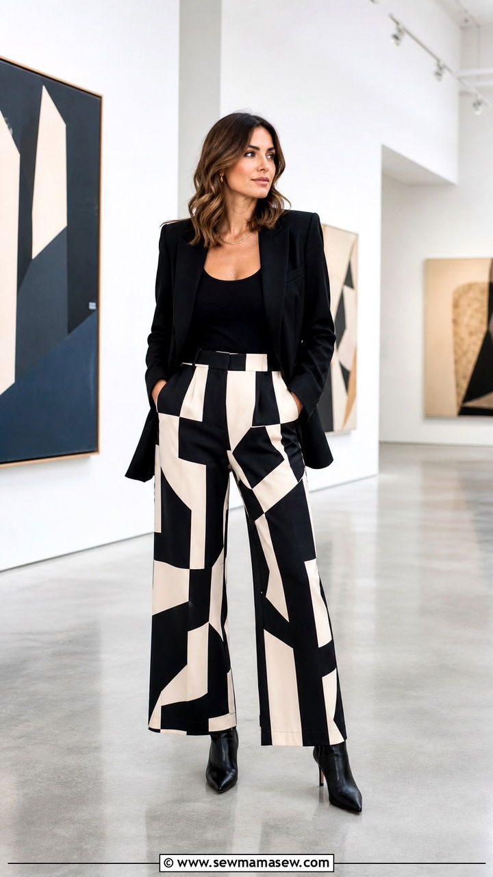 Ankle Boots with Printed Wide Leg Pants - 40 ankle boots outfit ideas