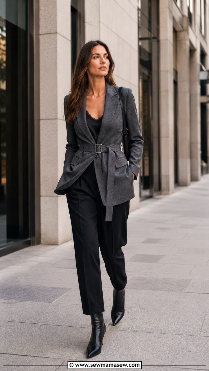 Ankle Boots with a Belted Blazer and Relaxed Trousers - 30 How to style ankle boots in spring