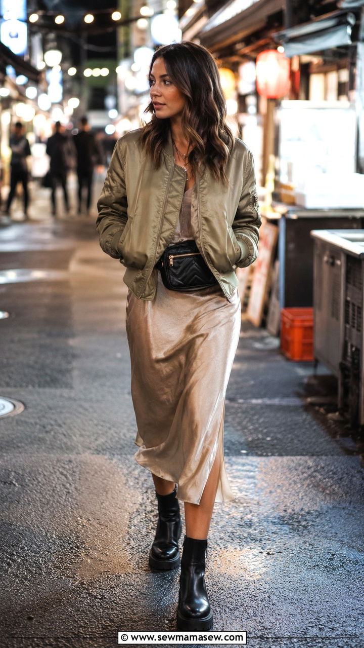 Ankle Boots with a Bomber Jacket and Slip Skirt - 30 How to style ankle boots in spring