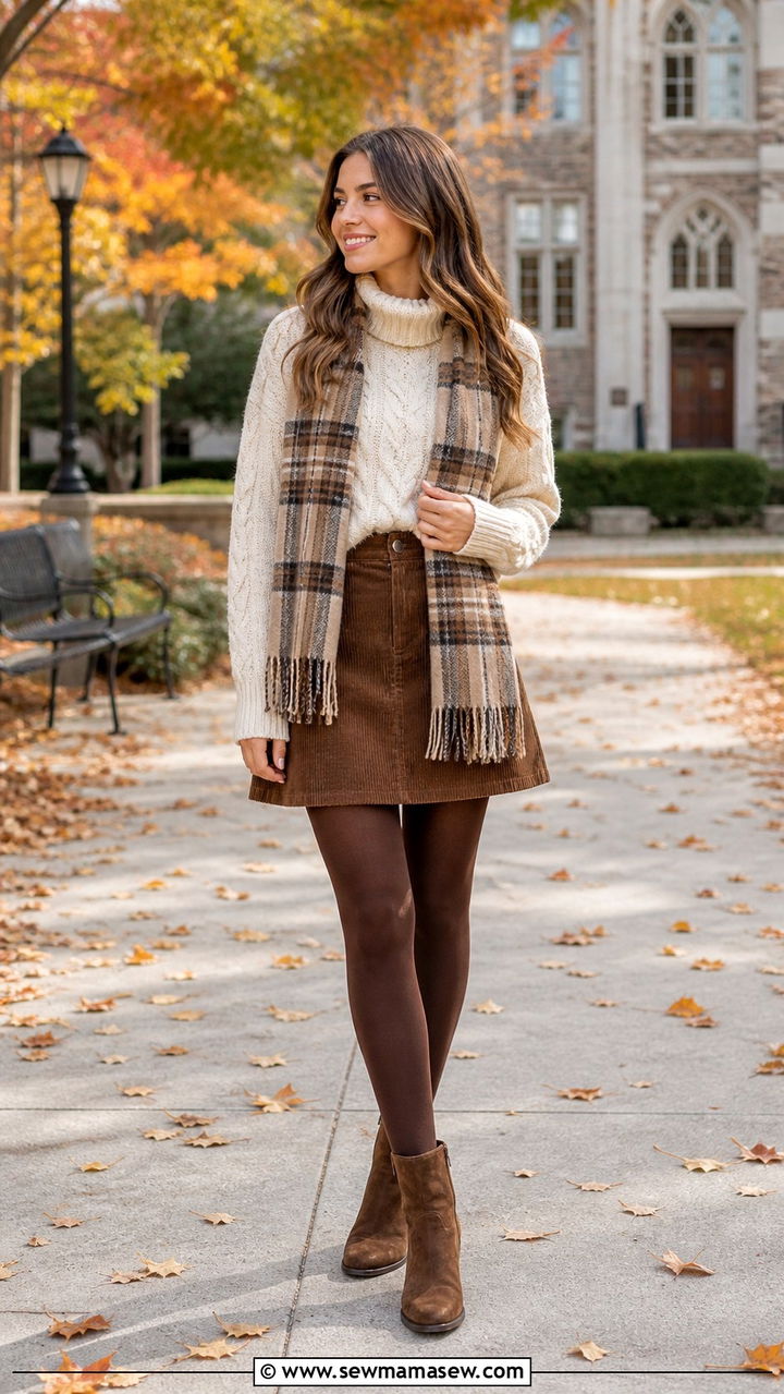 Ankle Boots with a Corduroy Skirt - 40 ankle boots outfit ideas