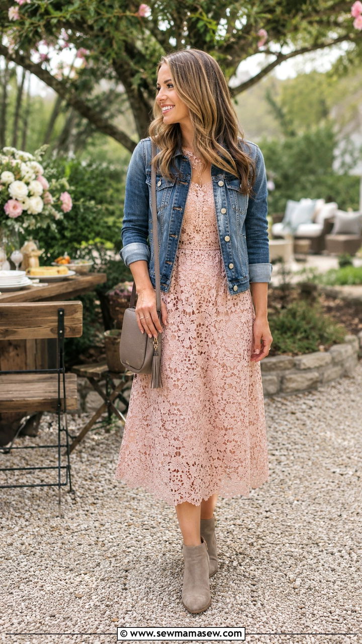 Ankle Boots with a Lace Dress and Denim Jacket - 30 How to style ankle boots in spring