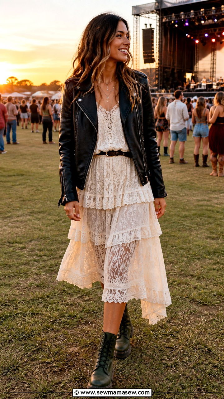 Ankle Boots with a Lace Dress and Moto Jacket - 40 ankle boots outfit ideas