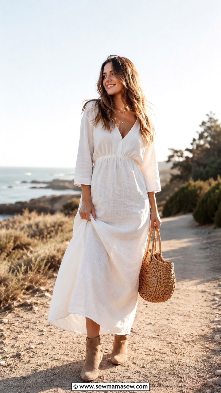 Ankle Boots with a Linen Maxi Dress and Straw Bag - 30 How to style ankle boots in spring