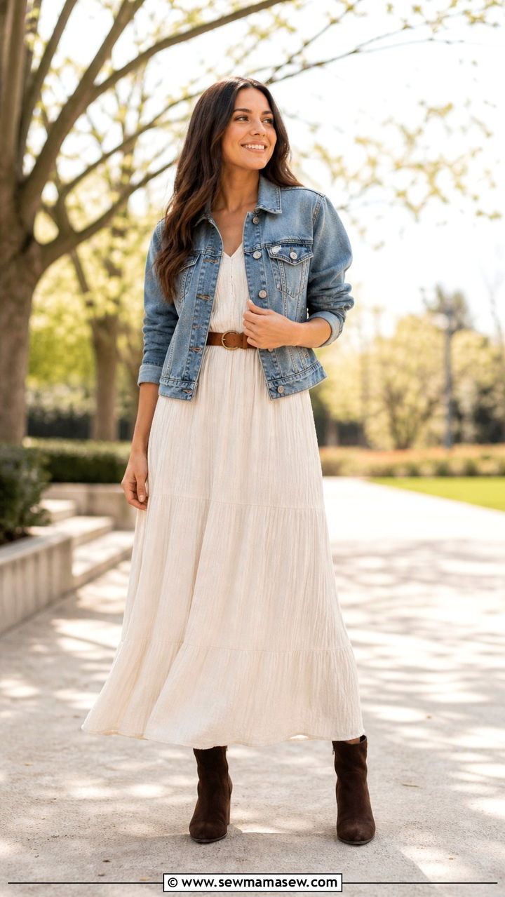 Ankle Boots with a Maxi Dress and Denim Jacket - 40 ankle boots outfit ideas
