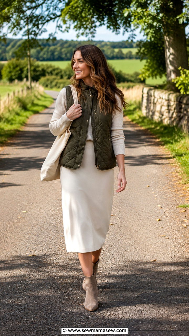 Ankle Boots with a Quilted Vest and Midi Skirt - 30 How to style ankle boots in spring