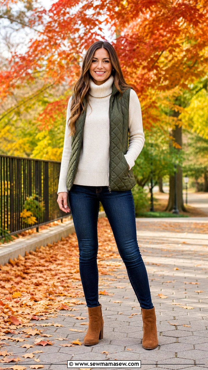 Ankle Boots with a Quilted Vest - 40 ankle boots outfit ideas