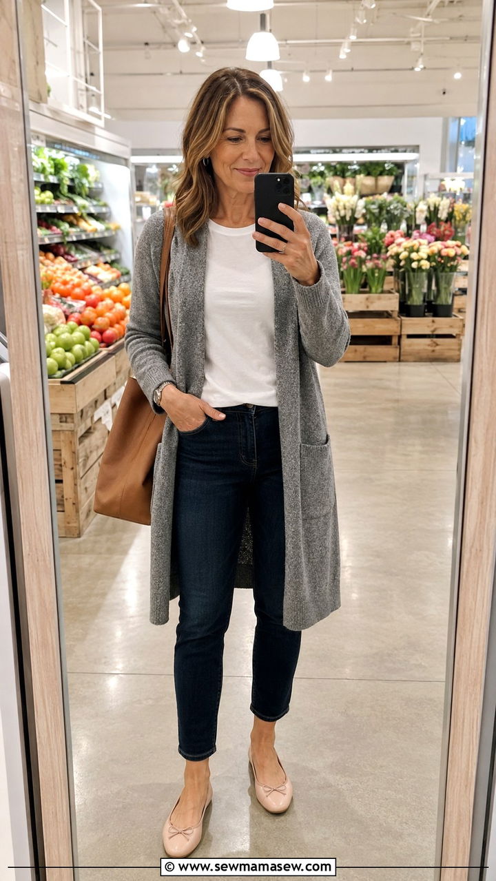Ankle Jeans and Long Cardigan With Ballet Flats - 25 Outfit ideas for women over 40 grocery store
