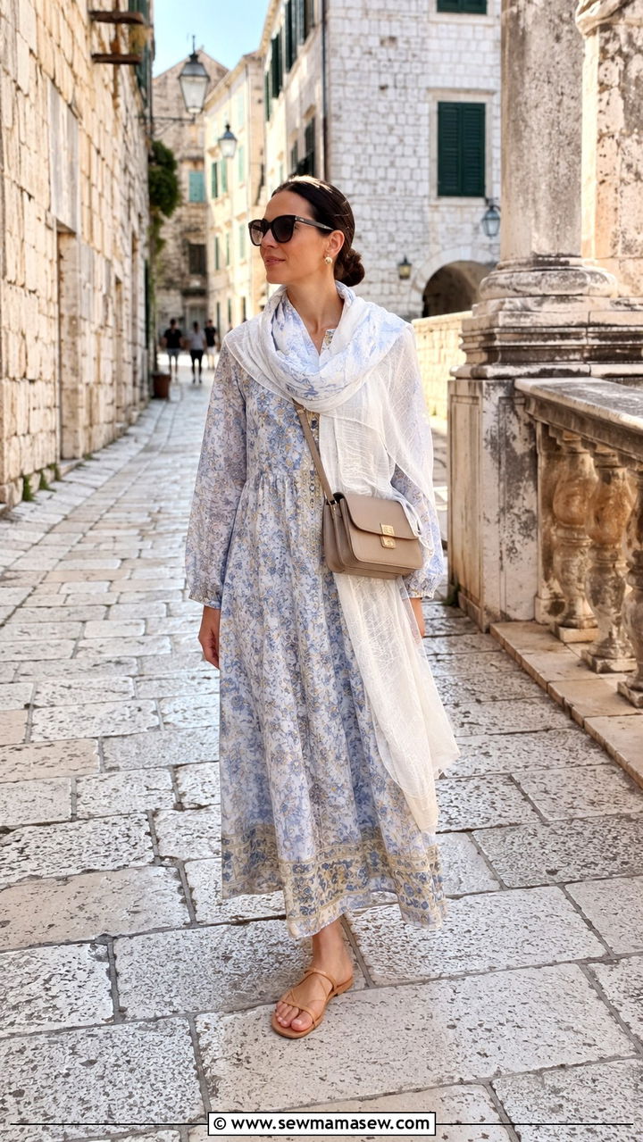 Ankle Length Dress with Light Scarf - 30 modest cruise outfit ideas