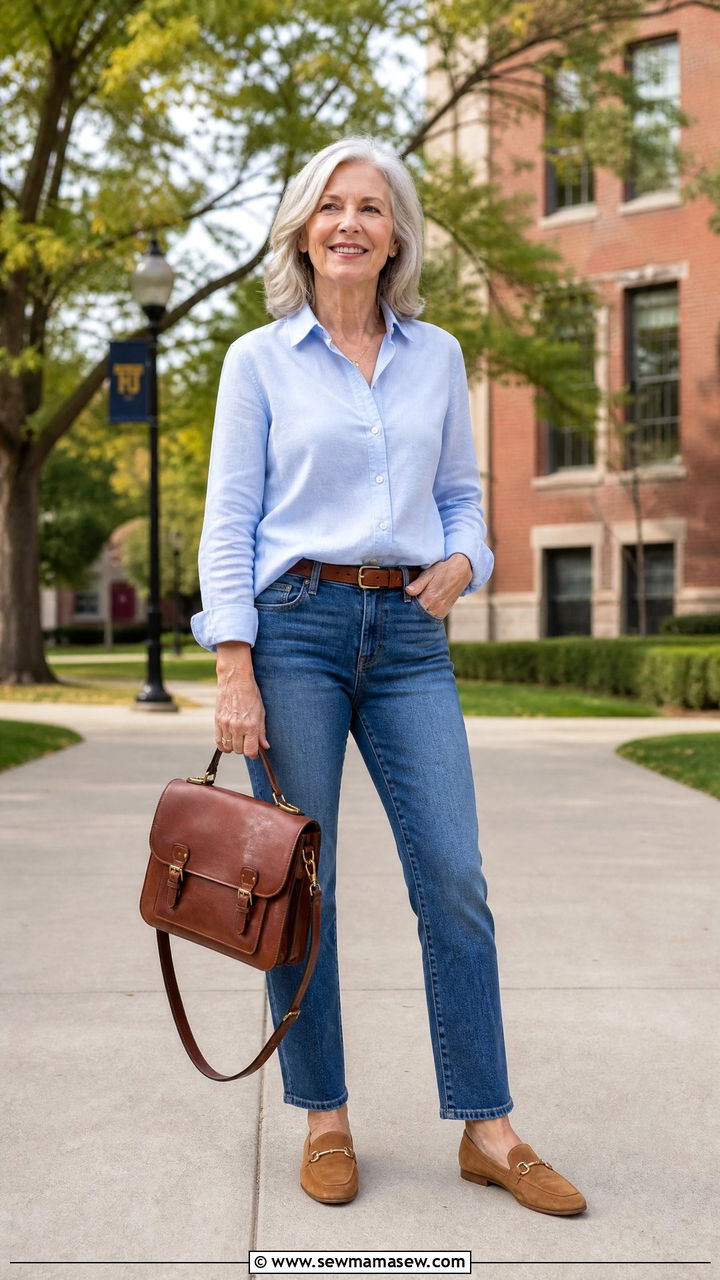 Ankle Length Straight Jeans With Oxford Shirt And Loafers - 35 Jeans outfit ideas for women over 50