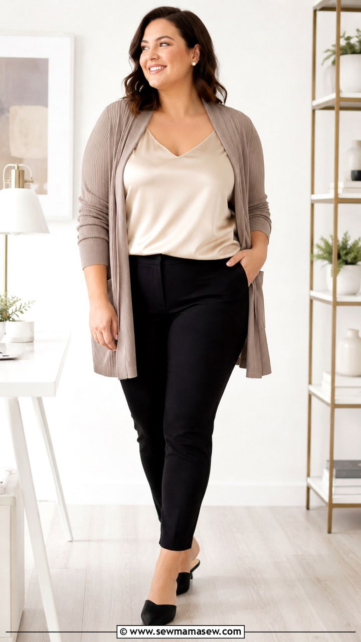 Ankle Pants with Silk Tank and Open Cardigan - 30 Office outfit ideas plus size