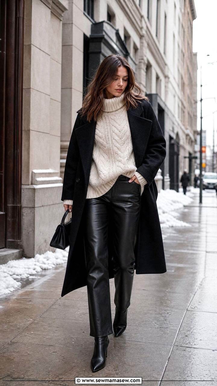 Ankle boots and leather pants with sweater outfit - 35 How to style ankle boots