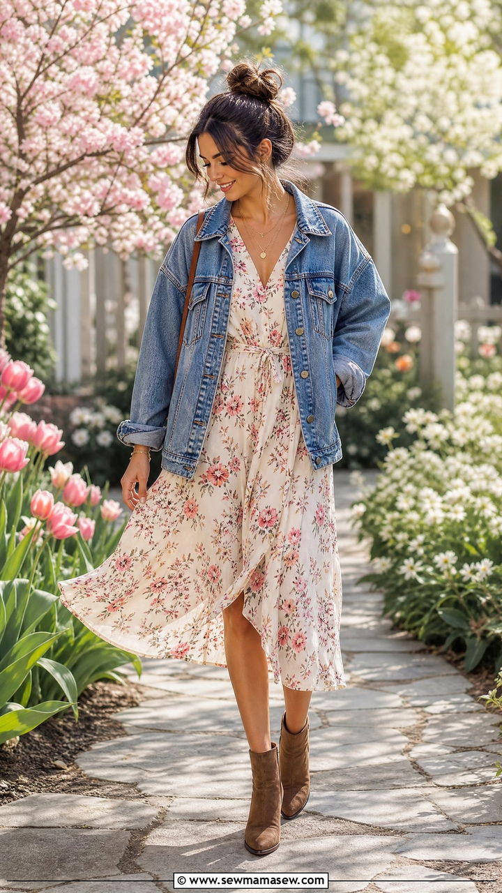 Ankle boots with denim jacket and midi dress outfit - 35 How to style ankle boots