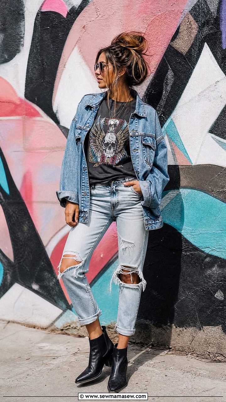Ankle boots with distressed jeans and graphic tee outfit - 35 How to style ankle boots