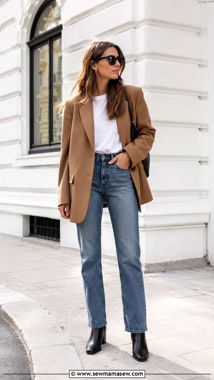 Ankle boots with straight leg jeans and oversized blazer - 30 transitional boots outfit ideas