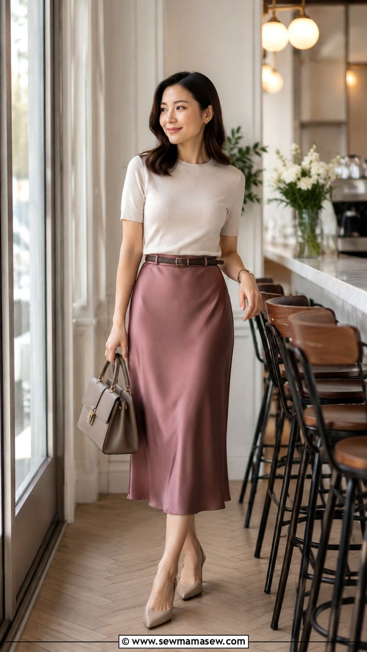 Ann Taylor Petite Satin Midi Skirt Outfit - 25 Petite outfit ideas from Ann Taylor