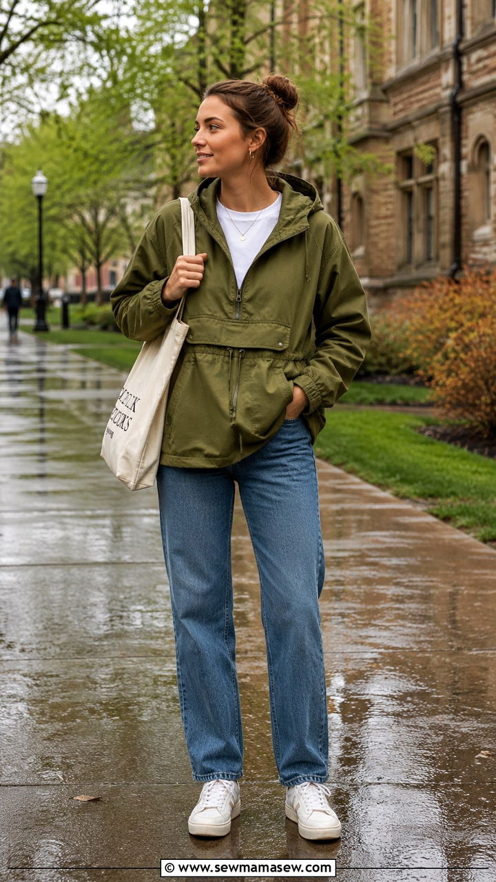Anorak Jacket With Straight Leg Jeans and White Tee - 25 rainy day outfits trends