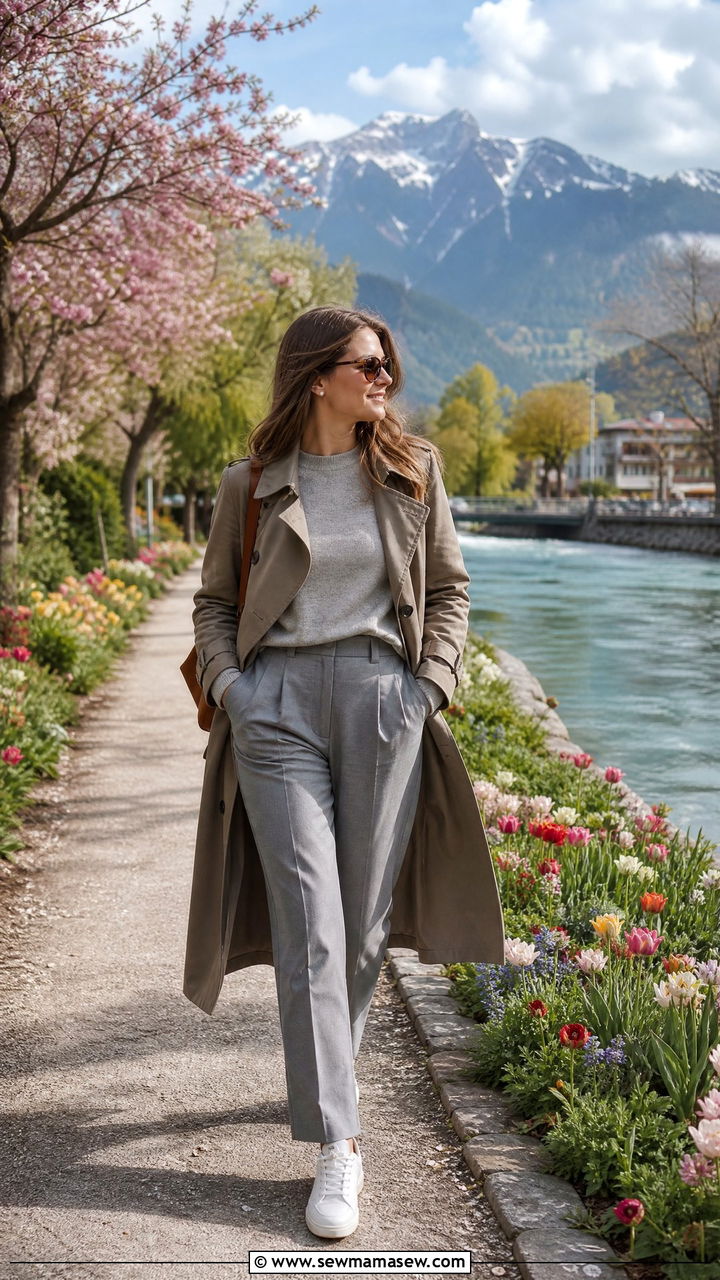 April in Interlaken Outfit with Trench Coat and Merino Sweater - 25 Interlaken outfit ideas