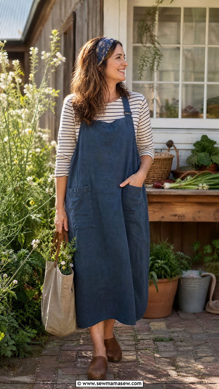 Apron Dress With Striped Long Sleeve Tee - 30 cottagecore outfit ideas for women over 40