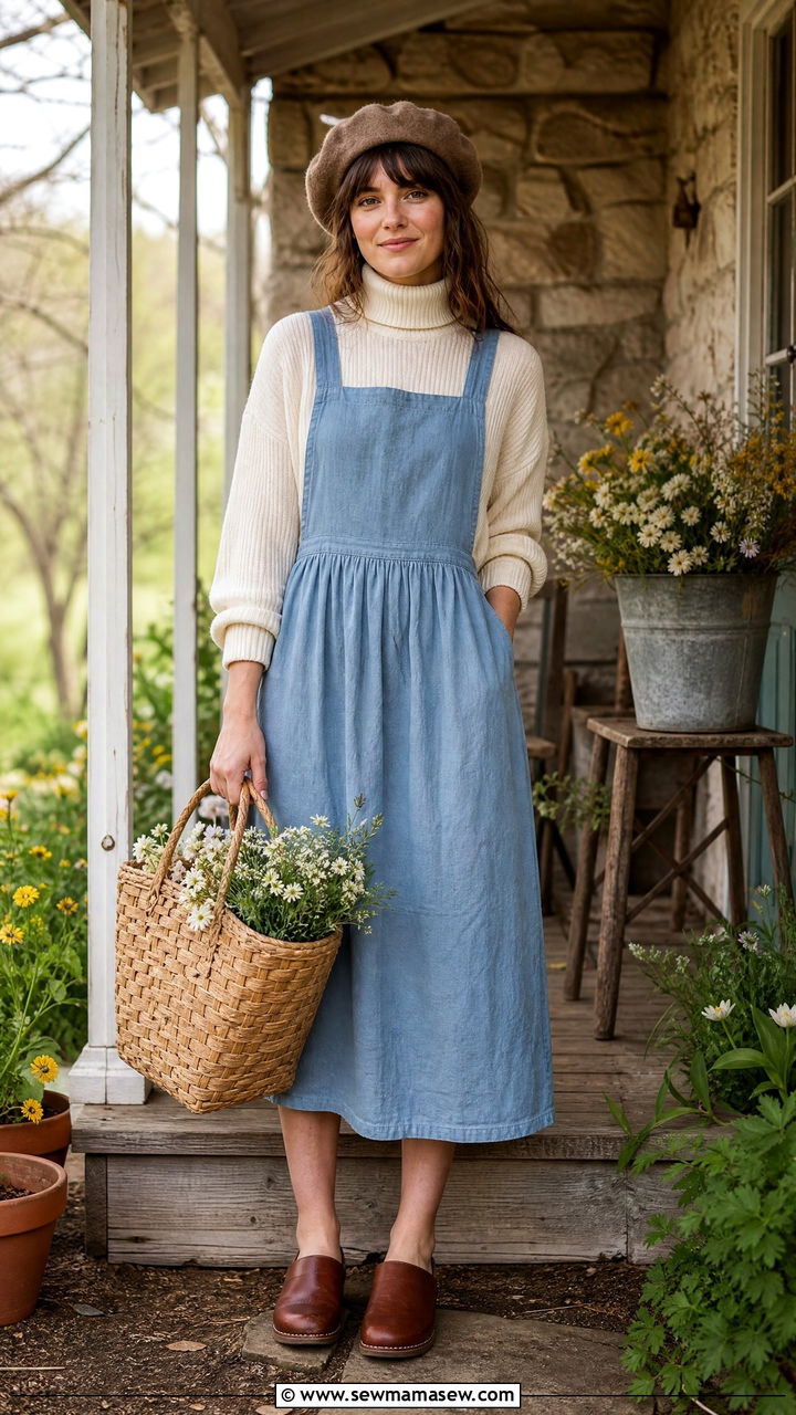 Apron Dress with Turtleneck and Clogs - 30 Cottagecore spring outfits