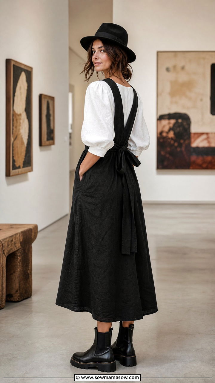 Apron back dress over a puff sleeve blouse - 25 Outfit ideas to flatter back