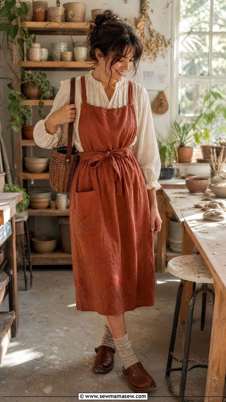 Apron dress layered over blouse - 25 classy cottagecore outfit ideas