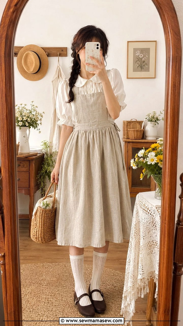 Apron dress over a puff sleeve blouse - 30 Spring cottage outfits