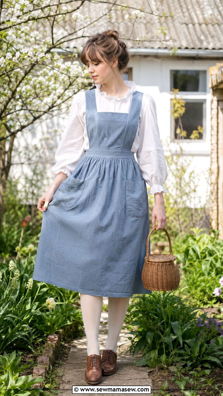 Apron dress over long sleeve blouse - 30 spring cottagecore outfit ideas
