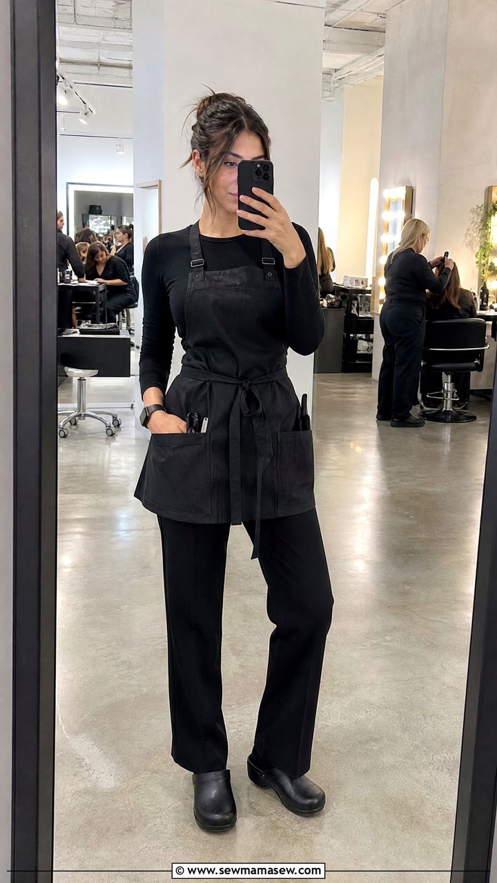 Apron over all black outfit for makeup artists - 30 Makeup artist outfit ideas