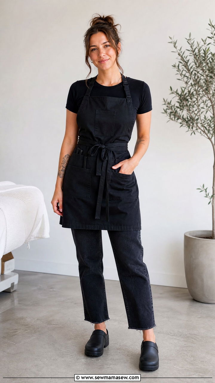 Apron over black top and jeans - 30 Esthetician outfit ideas