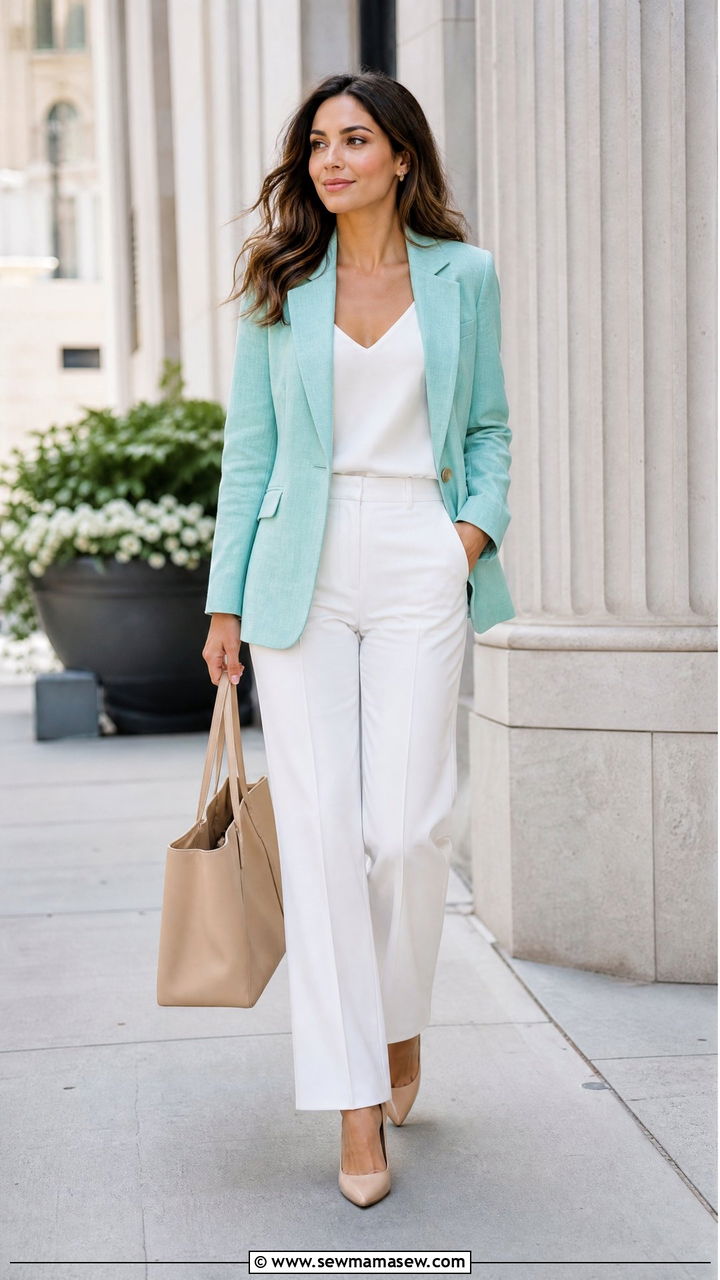 Aqua Blazer with White Trousers - 30 summer aqua outfit ideas