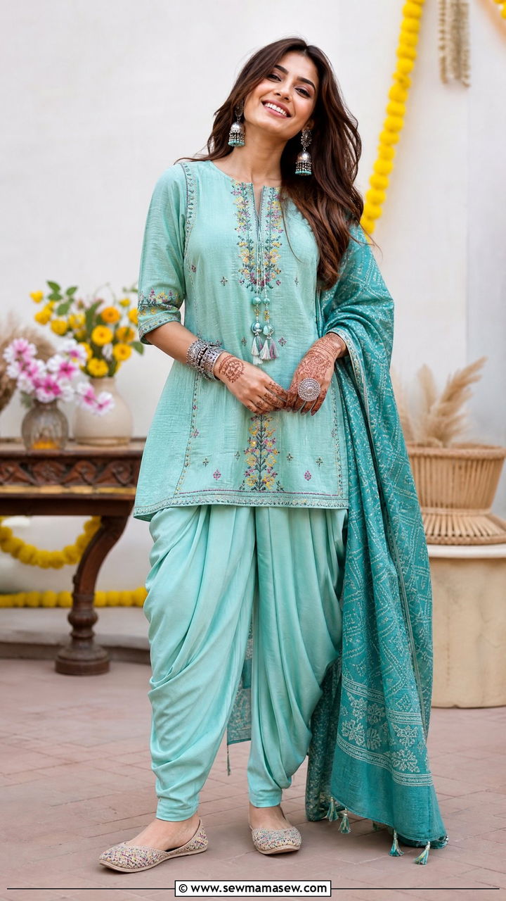 Aqua Blue Dhoti Pant Set With Embroidered Kurti - 30 Mehndi outfit ideas
