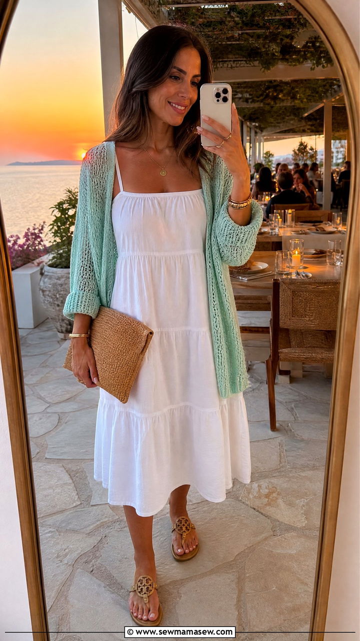 Aqua Cardigan over White Sundress - 30 summer aqua outfit ideas