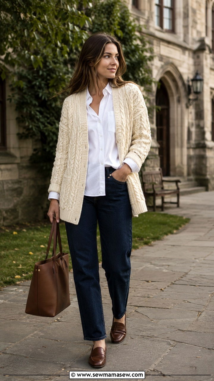 Aran cardigan over a white button down shirt - 25 Old money outfit ideas with Aran sweater