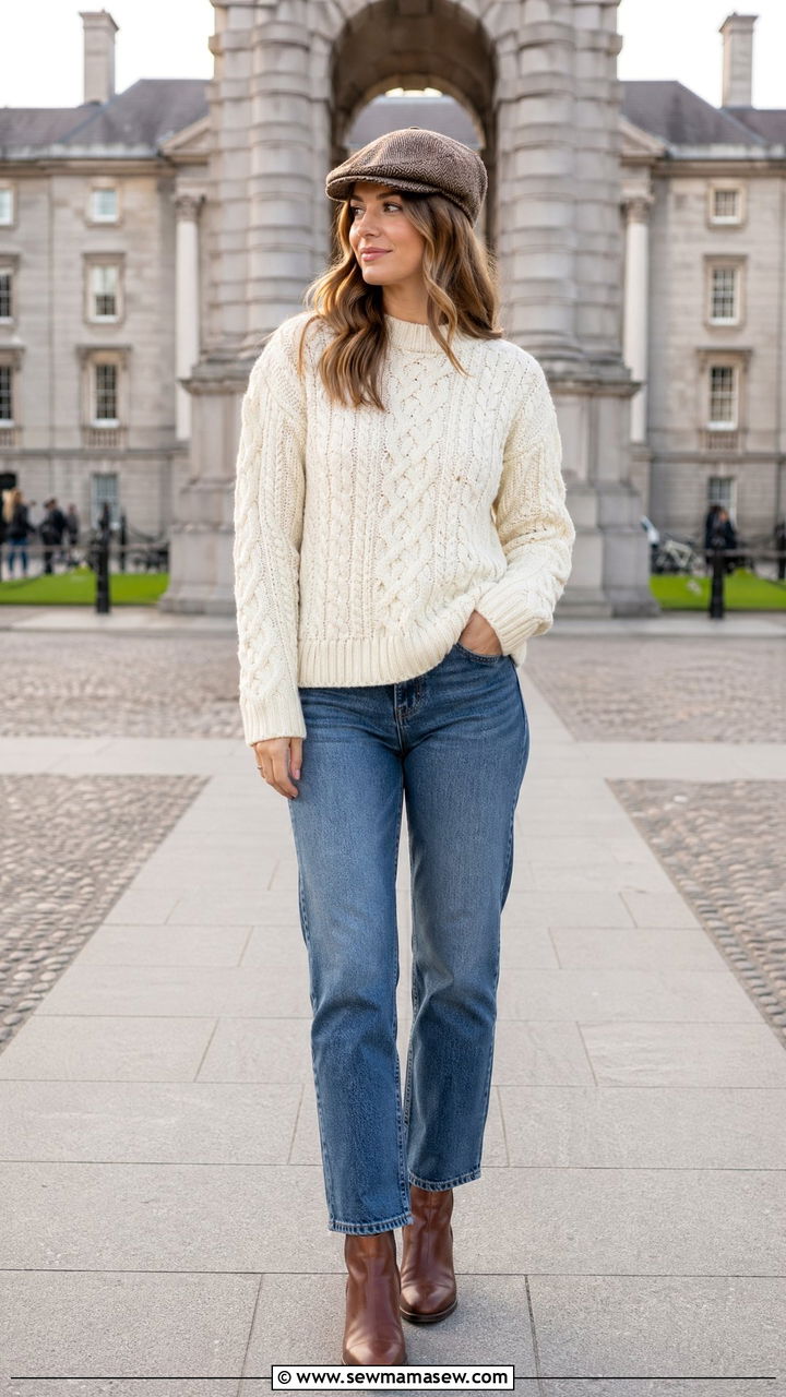 Aran sweater and straight leg jeans Dublin outfit - 35 Dublin outfit ideas