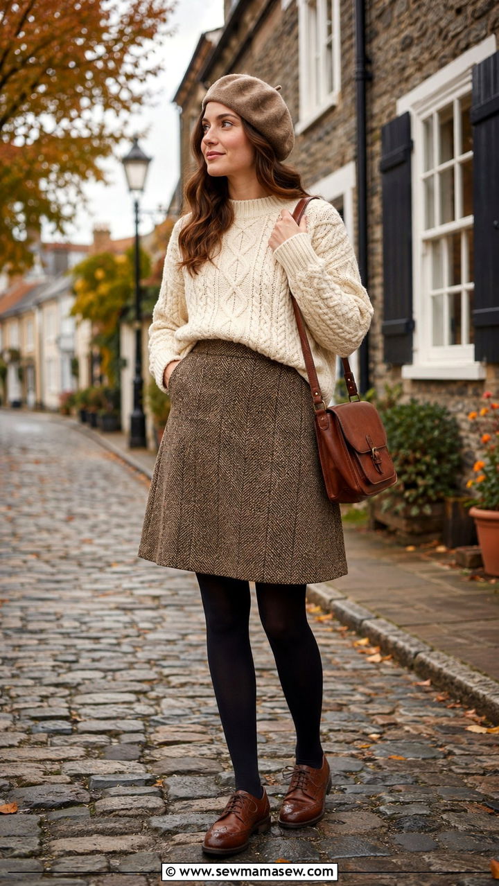 Aran sweater tucked into a tweed A line skirt - 25 Old money outfit ideas with Aran sweater