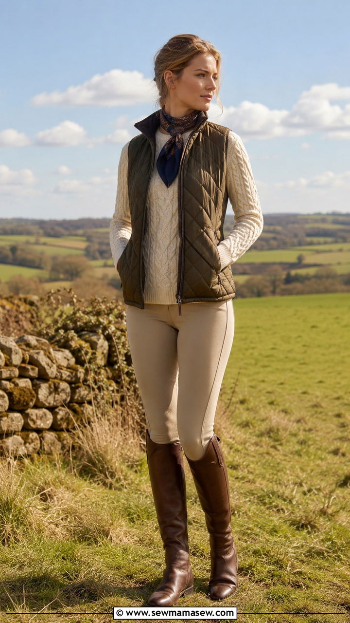 Aran sweater with a quilted vest and riding trousers - 25 Old money outfit ideas with Aran sweater