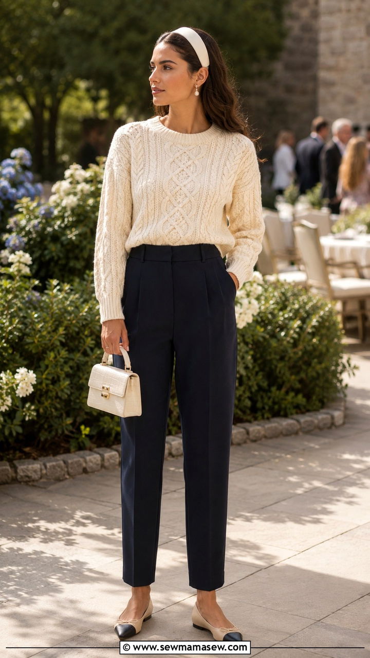 Aran sweater with a silk headband and pearl earrings - 25 Old money outfit ideas with Aran sweater