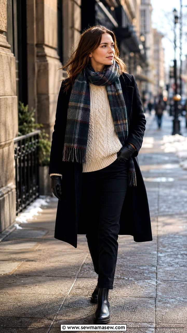 Aran sweater with a tartan scarf and leather gloves - 25 Old money outfit ideas with Aran sweater