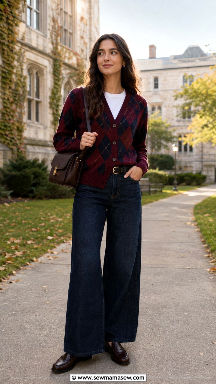 Argyle Cardigan With Wide Leg Jeans and Loafers - 25 Wide leg jeans outfit ideas with a cardigan
