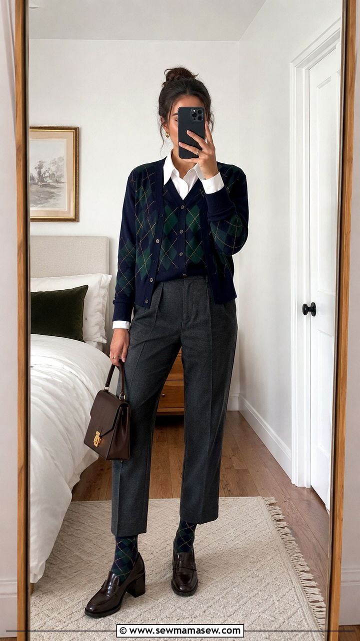 Argyle Cardigan and Matching Vest With White Button Up Shirt - 20 Eclectic grandpa outfit ideas women
